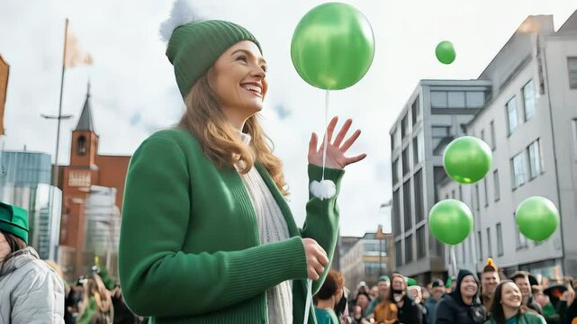 St Patrick's Day Celebration: Woman with green balloon enjoying parade festivities cultural event