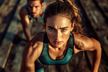 Fototapeta premium Determined female athlete intensely focused, preparing for a workout with a male partner blurred in the background.