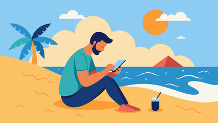 With the sun warming her face a man can be seen journaling on a sandy beach the soothing sound of crashing waves providing the perfect backdrop for selfdiscovery.. Vector illustration