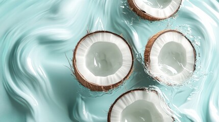 Fresh Coconut Halves Floating in Turquoise Water with Gentle Waves and Reflections