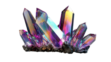 Bright rainbow aura quartz crystal cluster on transparent background