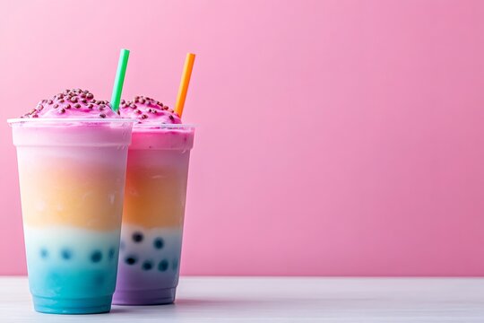 Two refreshing rainbow smoothies topped with pink whipped cream and chocolate sprinkles