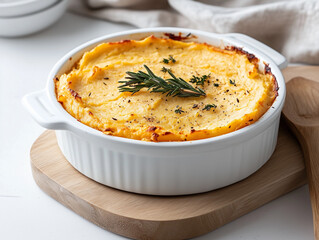 Creamy shepherd's pie topped with fresh herbs served in a round baking dish on a wooden board
