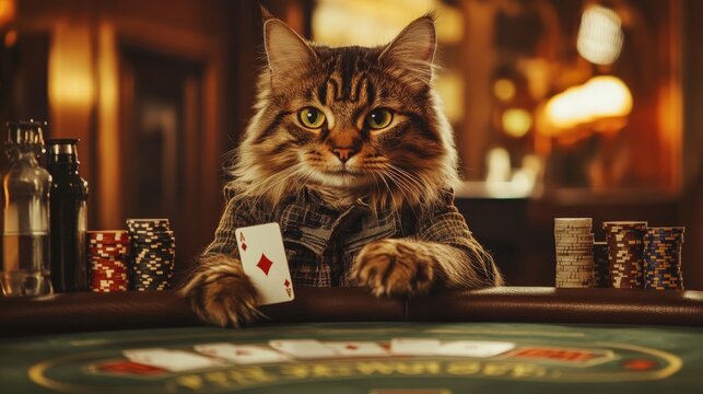 Serious cat playing poker game and holding ace of diamonds card