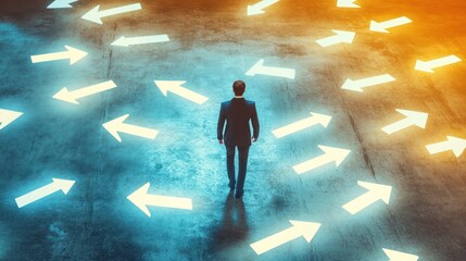 Businessman walking towards choices among many different directional arrows