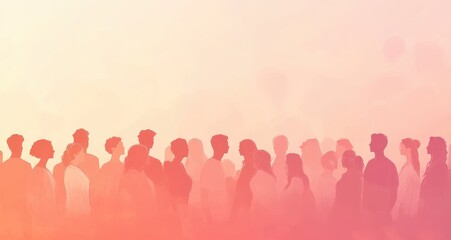 Silhouettes of diverse individuals in an artistic sunset-themed illustration