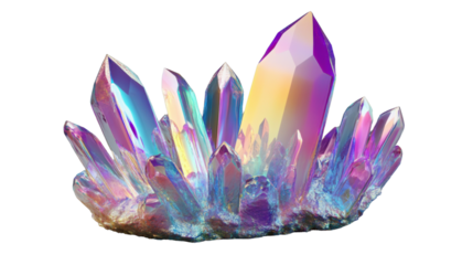 Large group of iridescent aura crystals on transparent background