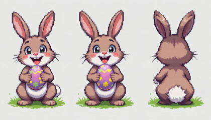 Joyful 8-bit pixel bunny holding an Easter egg, isolated pixel art rabbit with egg, displayed from three angles on a white background.