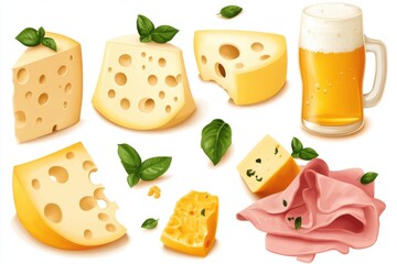 Set of cheese pieces with holes, herbs, and fruits on a white background