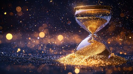 Hourglass Glittering sand flows, time passing, bokeh lights background