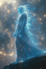 Naklejka premium Celestial being stands serene amidst swirling light.