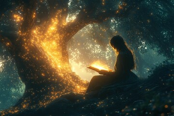 Obraz premium Woman reads glowing book beneath mystical tree