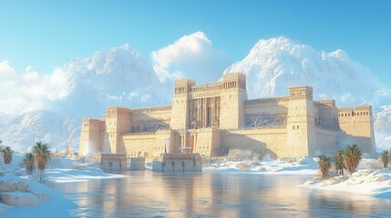 Majestic winter palace by snowy mountains, tranquil waters.