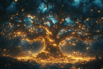 Enchanting luminous tree night scene magical fantasy