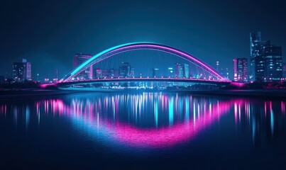 Futuristic city skyline glowing with neon pink and blue lights, reflecting on a sleek modern bridge over a calm river .