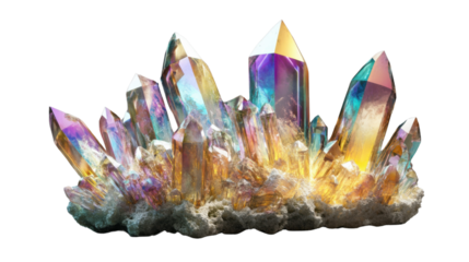 Bright rainbow aura quartz crystal cluster on transparent background