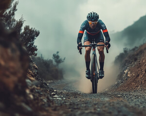 Professional cyclist riding a gravel bike on a rugged mountain trail, pushing endurance in an intense race