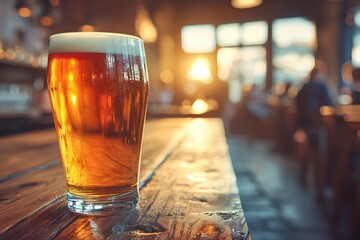 Glass of cold beer sitting on a wooden table in a pub at sunset