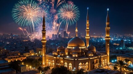 Obraz premium Stunning Mosque Fireworks Night Cityscape Photography