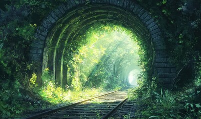 Overgrown railway tunnel with lush greenery and sunlight.