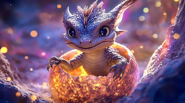 A tiny dragon hatching from a glowing egg in a mystical cave, surrounded by sparkling particles