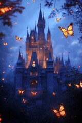 Enchanting castle glows, butterflies dance in twilight.