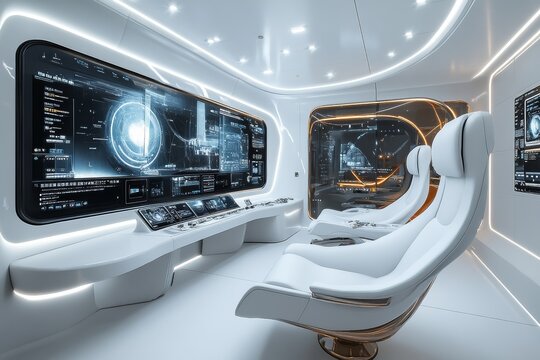Futuristic Spaceship Bridge Command Center - Sleek white spaceship bridge interior with advanced technology displays and comfortable ergonomic seating. Perfect for science fiction or technology concep