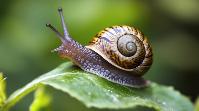 Close-up of a snail with a striped shell on a green leaf. Snail with spiral shell crawls on a green leaf, capturing nature's slow beauty and detail