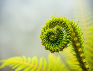 A captivating moment unfolds as fern fronds intricately unfurl, evoking a feeling of excitement