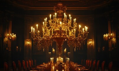 Luxurious golden chandelier glowing softly in a grand dining hall, intricate details creating an elegant and timeless centerpiece