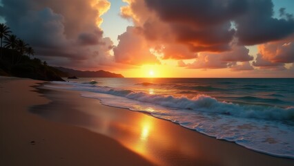 Obraz premium Glowing colors of golden sunset drape majestic ocean painting the sky in soft brilliance