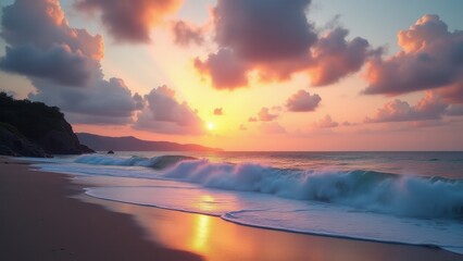 Obraz premium Crisp sea air drifts across majestic ocean touched by golden sunset fading into soft shadows