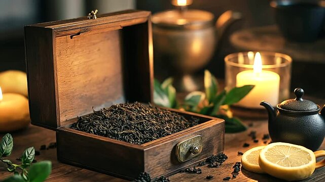 A warm and inviting tea setup with a vintage wooden tea box open, displaying an array of loose teas. Black tea with bergamot, green matcha leaves, and delicate jasmine pearls stand