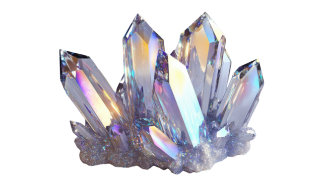 Large aurora crystal cluster shining with transparent background