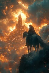 Lone rider observes burning city, fiery sunset.