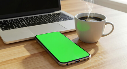 A modern smartphone lying on a wooden desk, displaying a seamless green screen, next to a laptop and coffee cup