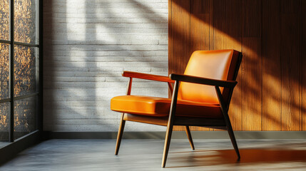Mid-Century Modern Orange Leather Armchair in a Minimalist Sunlit Room