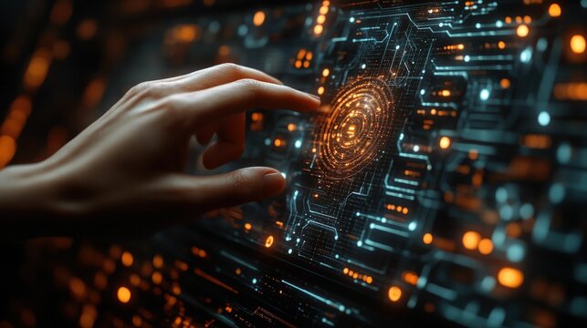 Fingertip interacts glowing futuristic interface