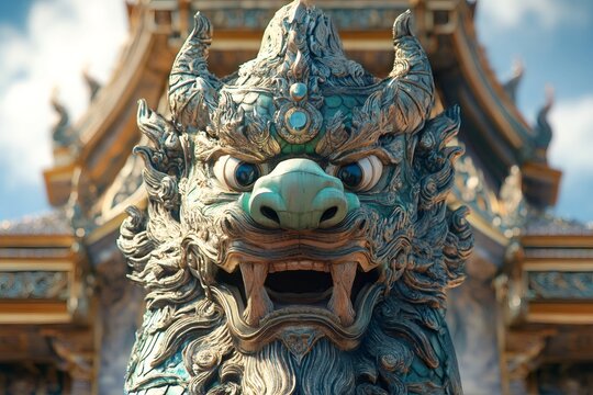 Mythological lion statue guarding a sacred buddhist temple in thailand