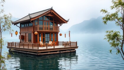 The house stands on a serene lake, surrounded by misty mountains in the background