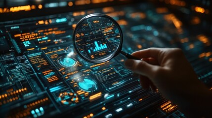 Magnifying glass reveals digital data chart