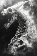 Ancient dragon skull, ethereal smoke, dark background. © Ali