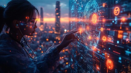 Woman interacts futuristic digital globe interface