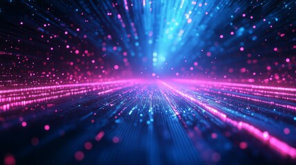 Obraz premium Futuristic neon light grid, glowing blue and pink lines stretching to infinity generative ai