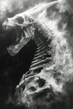Ancient dragon skull, ethereal smoke, dark background.