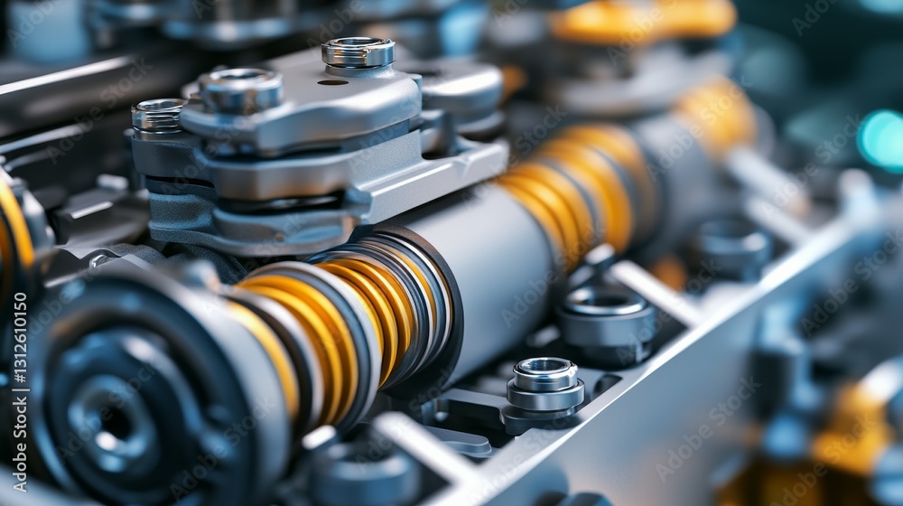 Poster close-up view of a mechanical engine component showcasing intricate design and engineering details