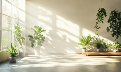 Minimalist home interior with natural wood accents, green plants, and sunlight streaming through large windows for a fresh and calming atmosphere