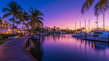 Obraz premium Serene twilight at a tropical marina with palm trees, boats, and vibrant sunset reflections