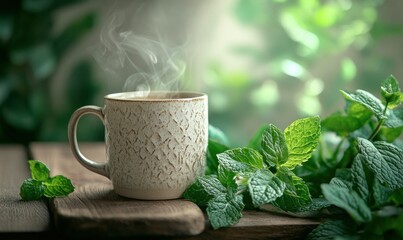 Rustic ceramic mug filled with steaming herbal tea surrounded by fresh mint leaves, soft natural light creating a cozy and refreshing composition