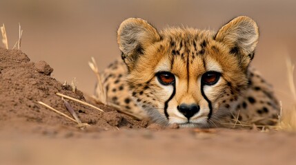Cheetah cub resting on the ground with a focus on its striking eyes and fur texture